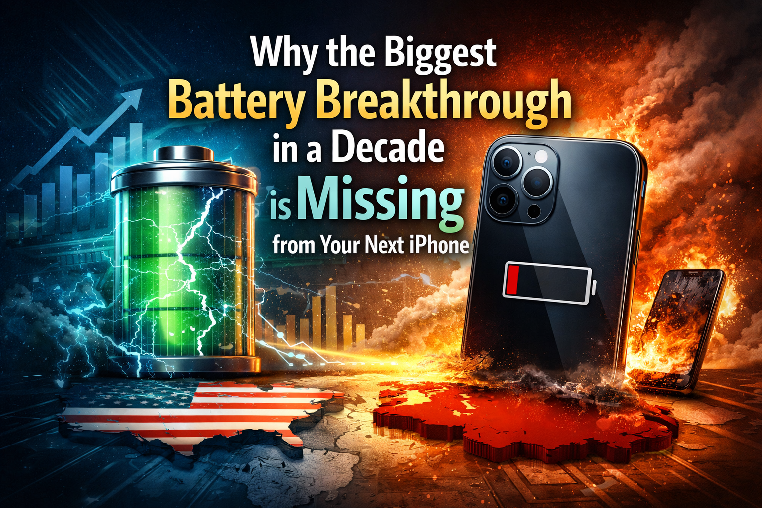 Silicon-carbon battery breakthrough illustration showing advanced battery technology missing from upcoming iPhones