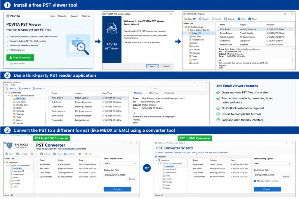 PST viewer software and PST to MBOX or EML converter tool interface