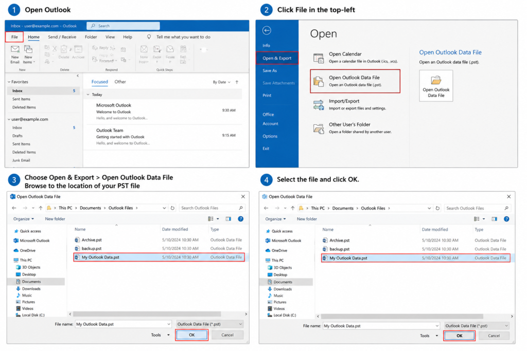 Outlook Open & Export menu showing how to open Outlook Data File
