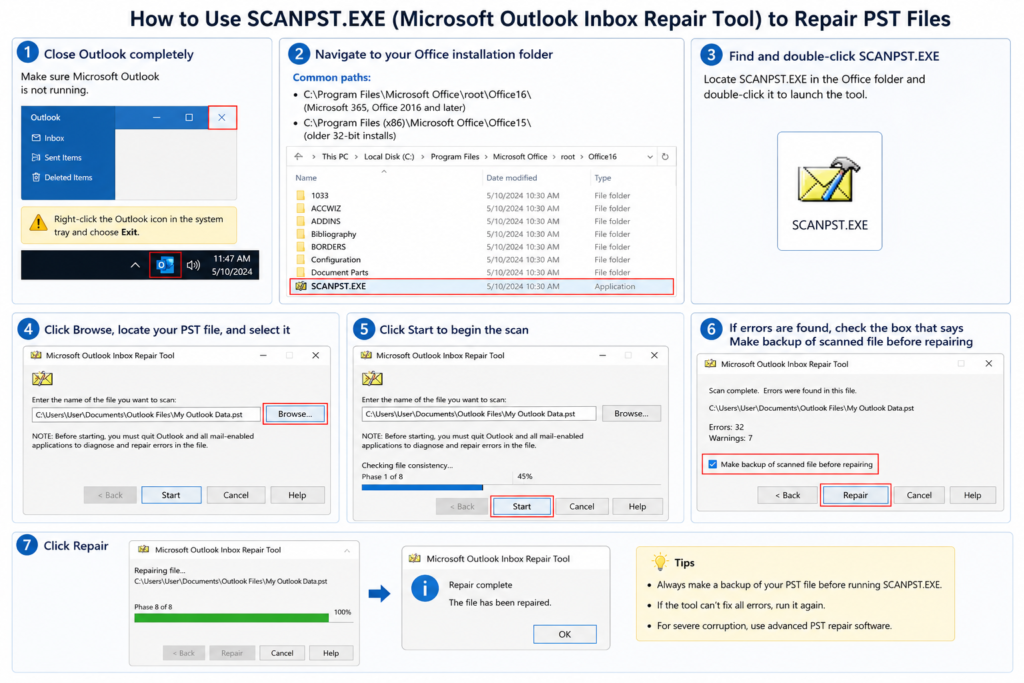 Step-by-step guide to repair Outlook PST files using SCANPST.EXE