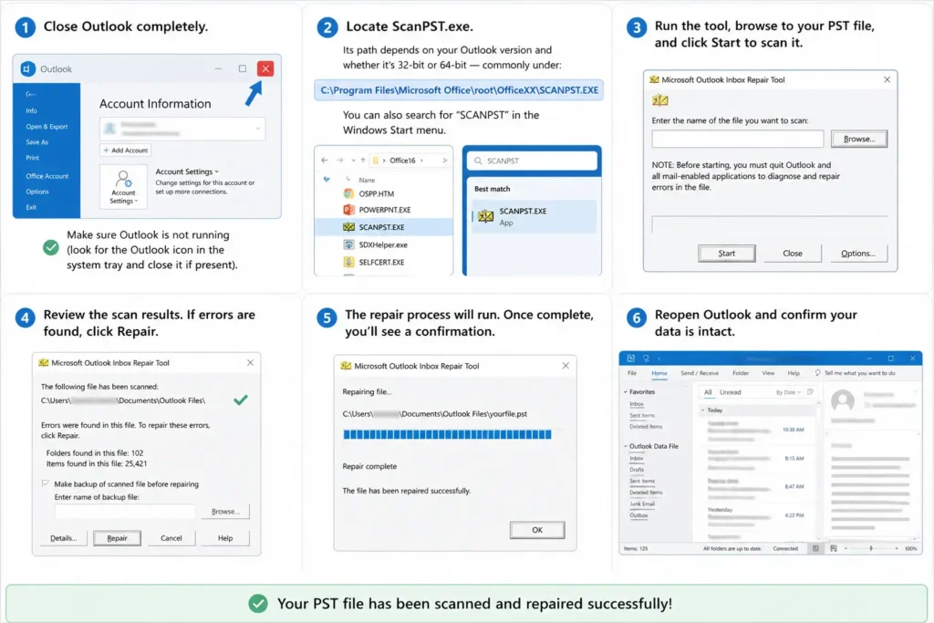 ScanPST tool repairing an Outlook PST file.
