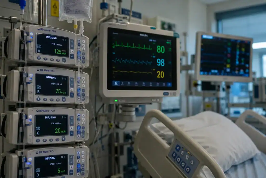 Hospital ICU monitors displaying vital signs and medical data.