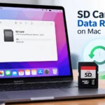 MacBook showing an SD card in Finder with data recovery icons and an SD card on the desk.
