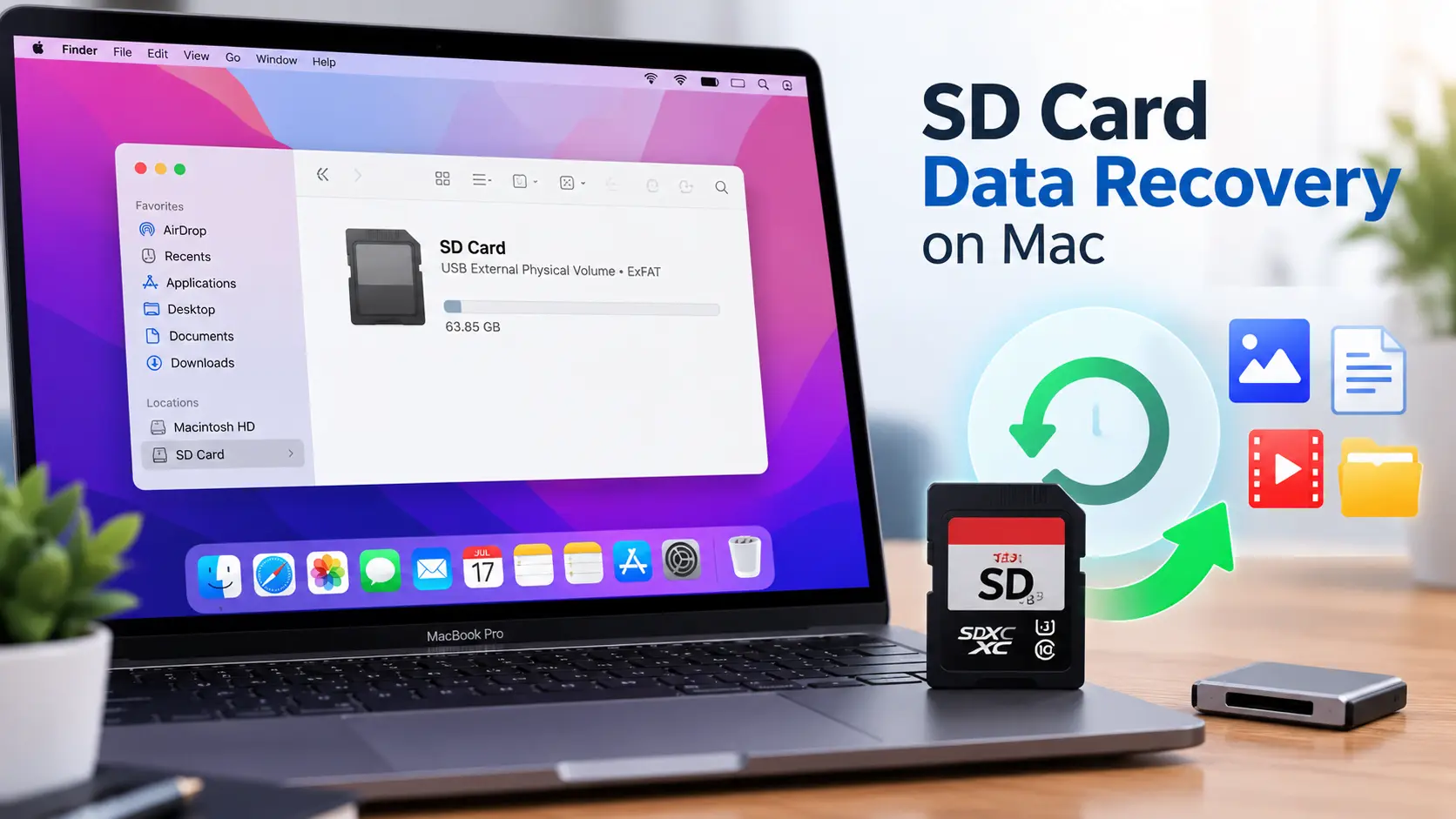 MacBook showing an SD card in Finder with data recovery icons and an SD card on the desk.