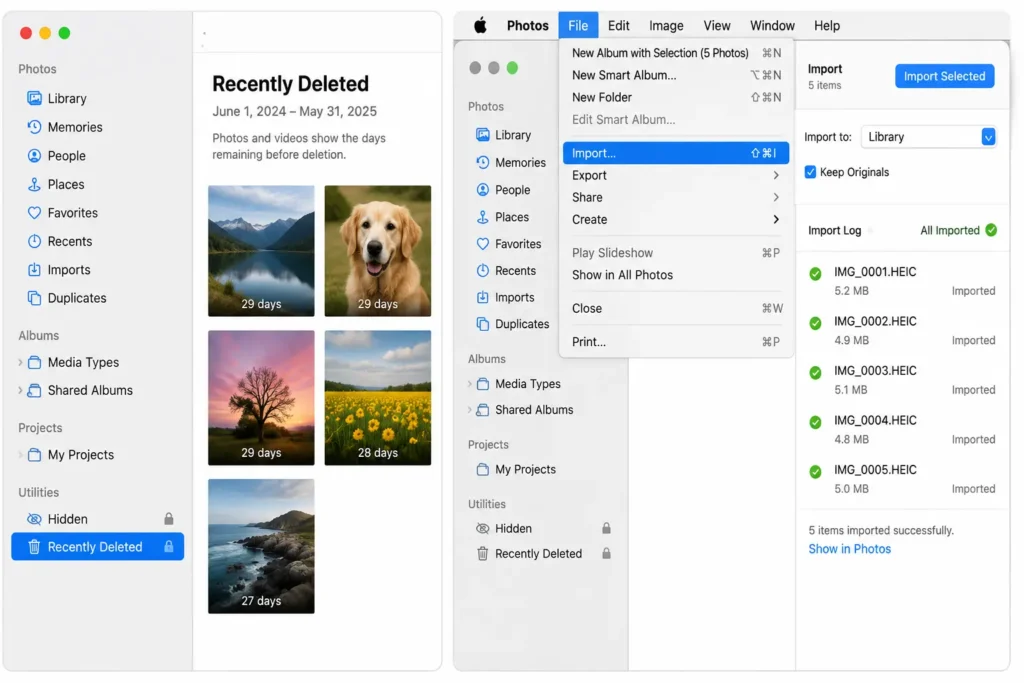 Show the macOS Photos sidebar with "Recently Deleted"