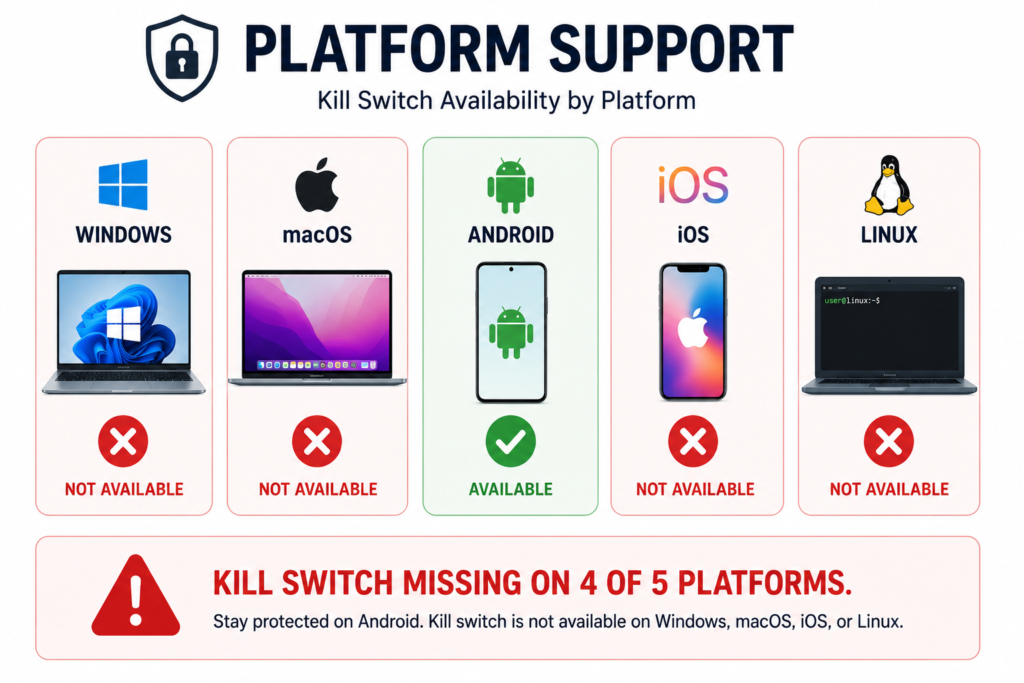 VPN.ht kill switch availability — Android only, not available on Windows macOS iOS Linux