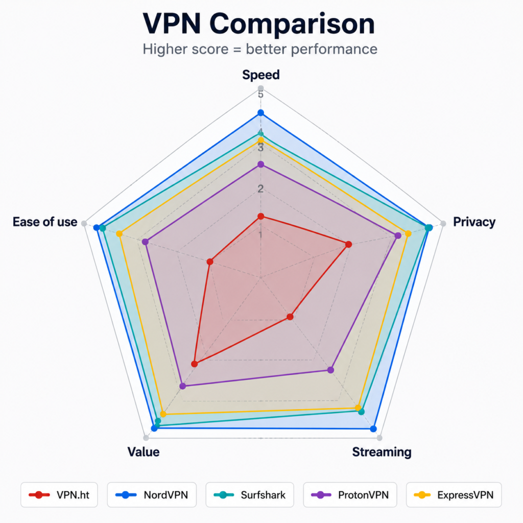 VPN.ht vs NordVPN Surfshark ProtonVPN ExpressVPN — feature comparison radar chart 2026