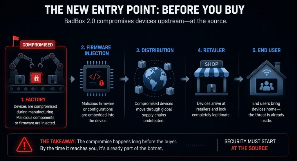 Visually shows that the attack entry point has moved upstream of the buyer — the article's central insight.