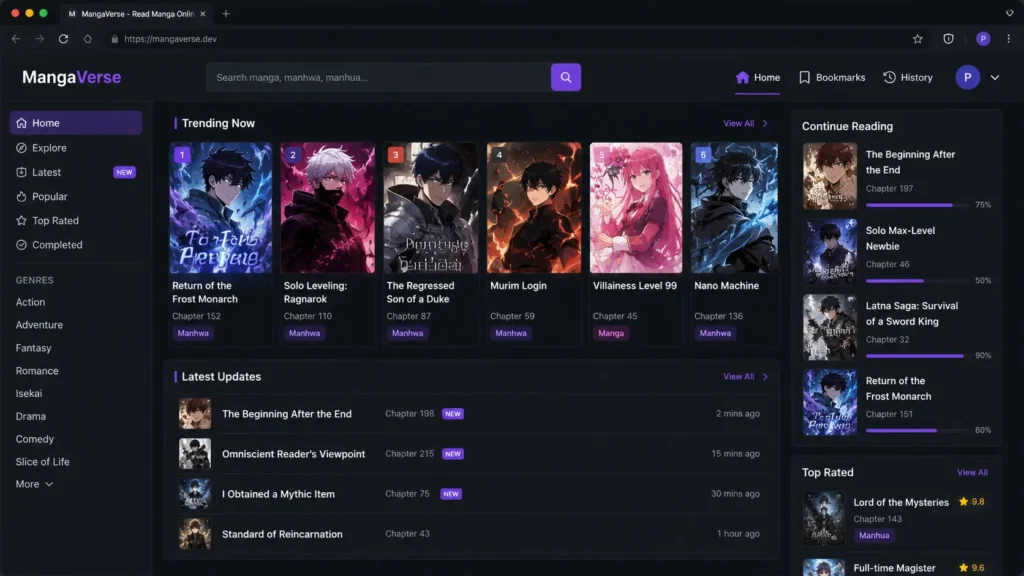 Online manga reading platform homepage interface