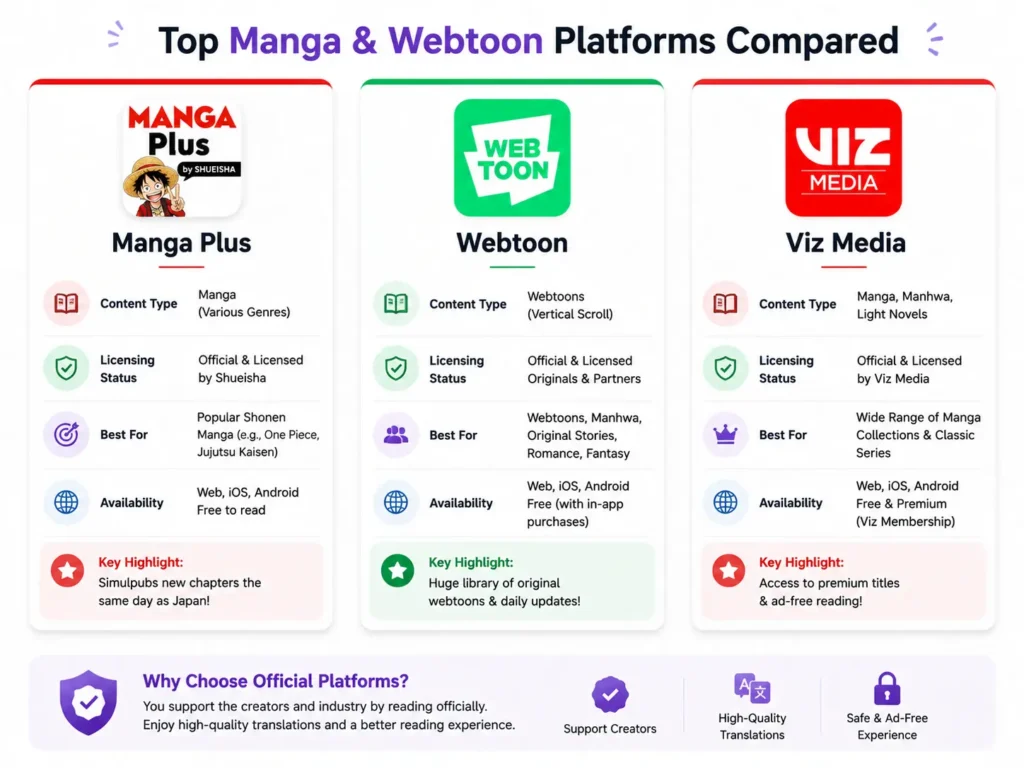 Comparison of Manga Plus, Webtoon, and Viz Media