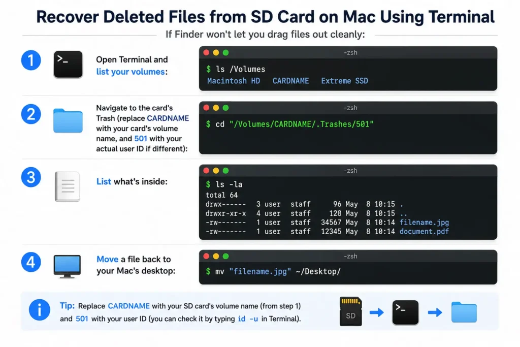 Recover deleted SD card files on Mac using Terminal