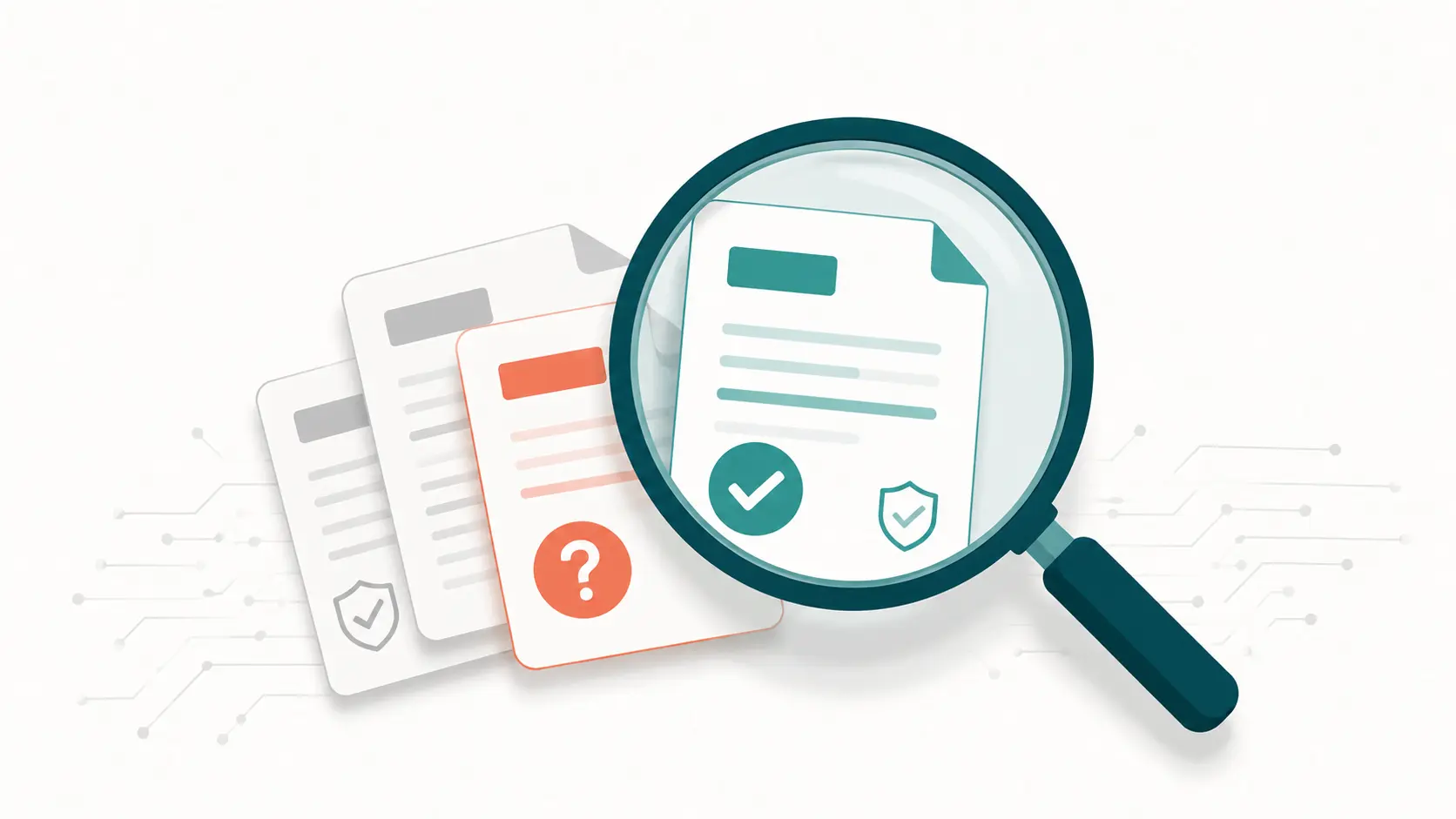Illustration of a magnifying glass verifying a stack of documents, one marked as sourced and one unverified, representing how to check Droven.io's cybersecurity claims.