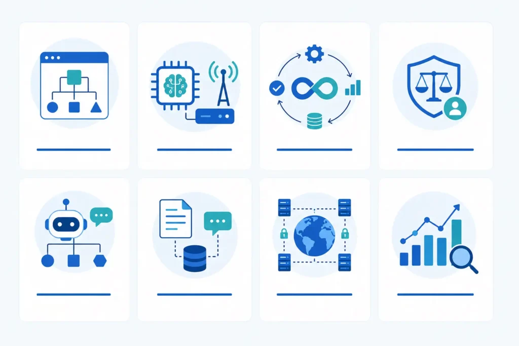 Infographic of 8 key droven.io machine learning trends for 2026: AutoML, edge AI, MLOps, and more