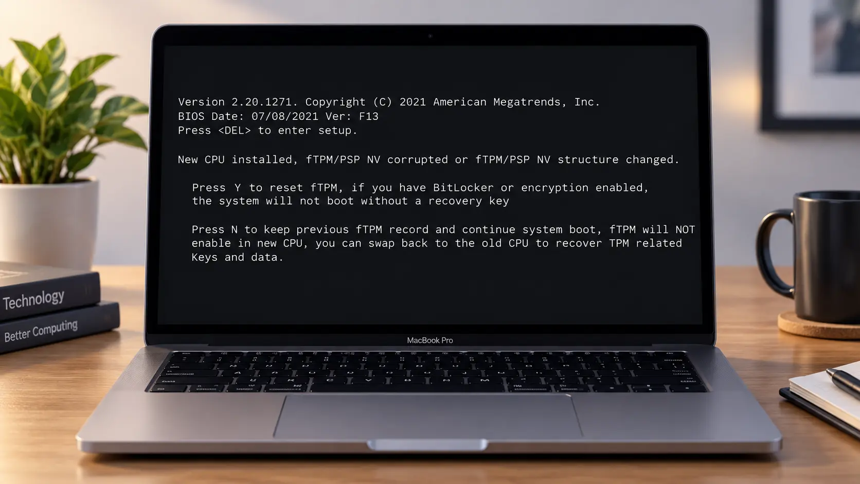 MacBook Pro displaying the “fTPM/PSP NV corrupted” BIOS error message.