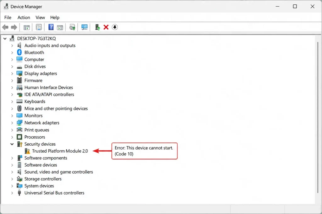Windows Device Manager showing TPM 2.0 with a Code 10 error under Security devices