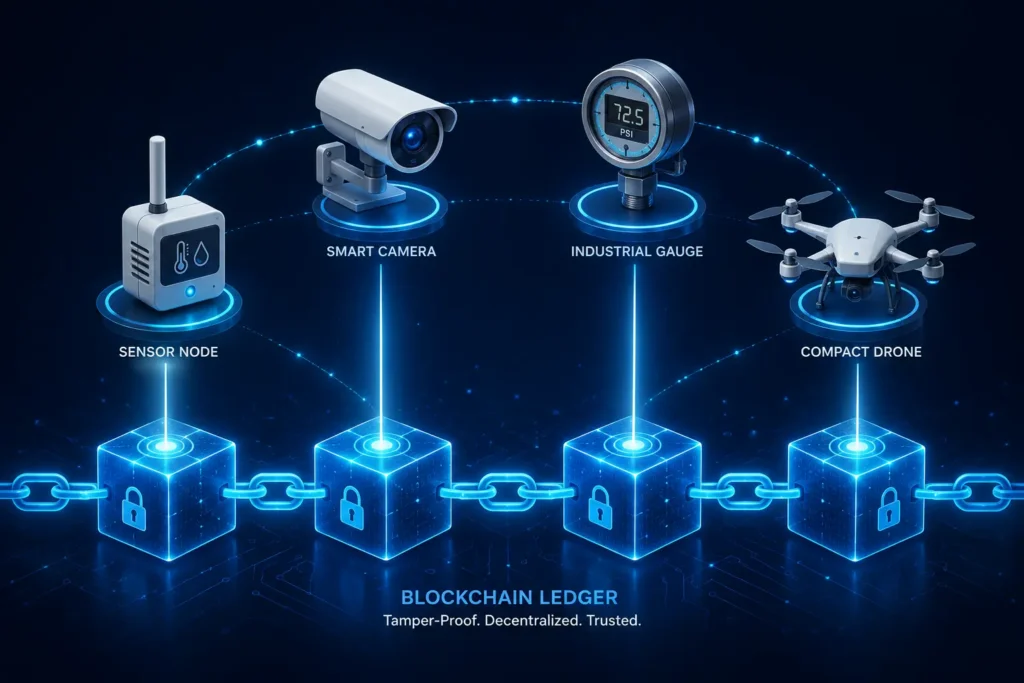 IoT devices anchoring firmware and sensor data to a blockchain ledger