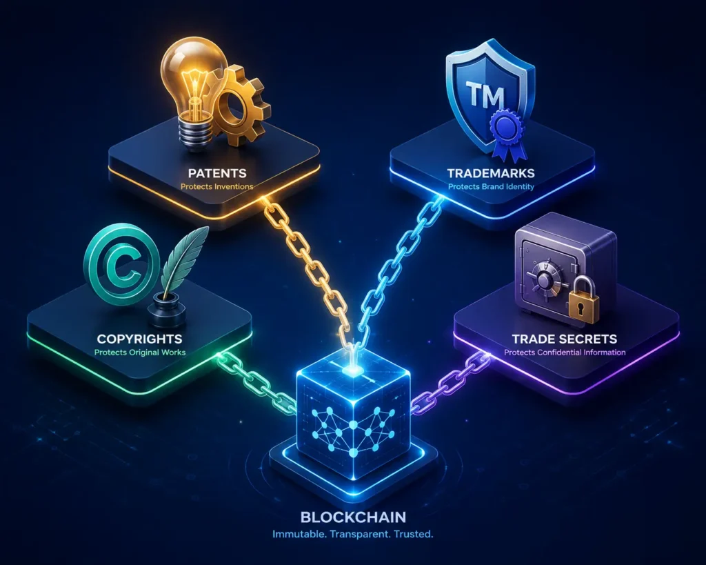 How blockchain applies to patents, trademarks, copyrights, and trade secrets
