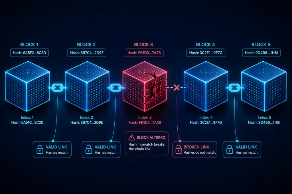 Diagram of a tamper-evident blockchain hash chain protecting IP records