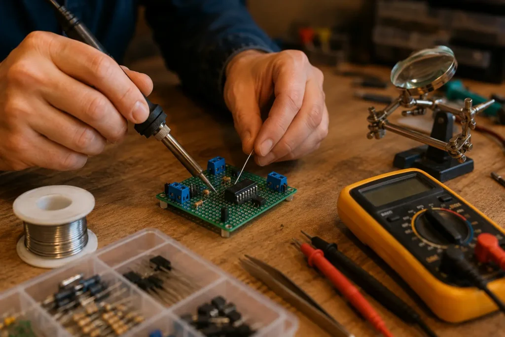 Hands soldering a small circuit board prototype with a soldering iron and multimeter on a workshop workbench