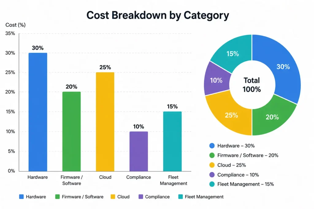 Bar and donut charts showing cost breakdown across hardware, firmware and software, cloud, compliance, and fleet management