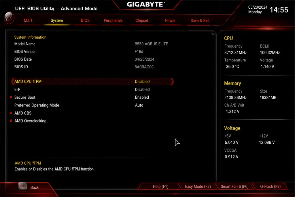 Gigabyte BIOS showing AMD CPU fTPM set to Disabled