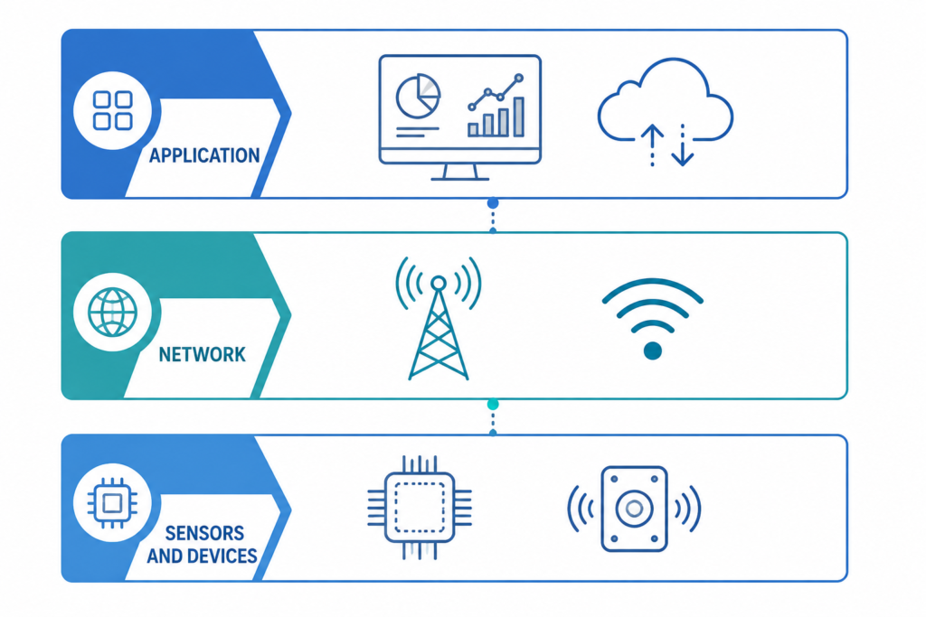 IoT architecture diagram showing sensors and devices connected through a network layer to cloud and dashboard applications