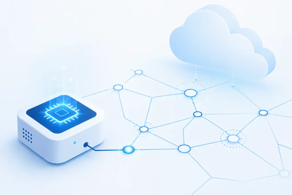 IoT edge device with a glowing processing chip connected to a network and cloud