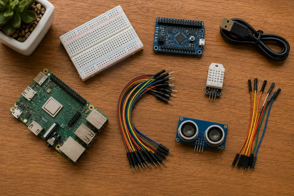 IoT prototyping hardware with a single-board computer, development board, jumper wires, breadboard, and sensor modules on a wooden desk