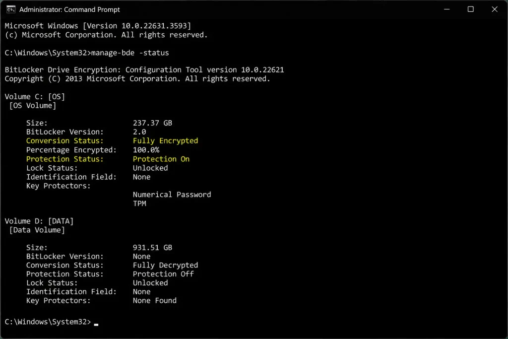 Administrator Command Prompt showing BitLocker fully encrypted with protection on