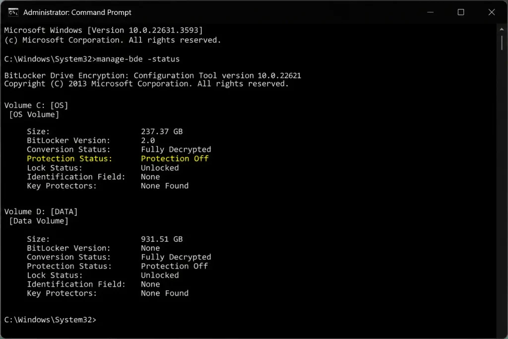 Administrator Command Prompt showing BitLocker protection off and drive unlocked