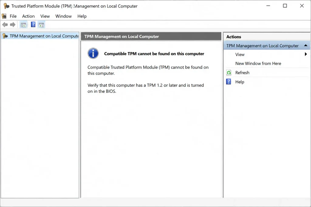 TPM Management console showing compatible TPM cannot be found on this computer