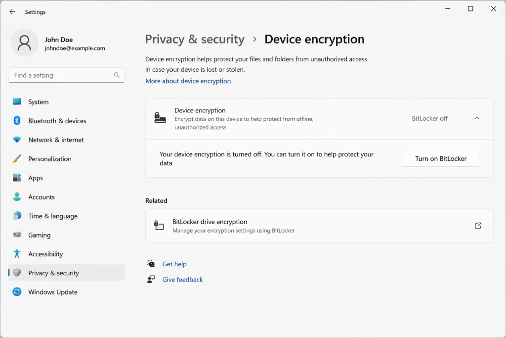 Windows Settings showing Device Encryption with BitLocker turned off