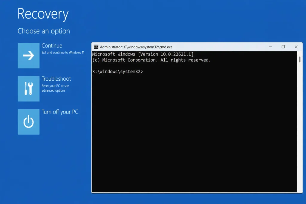Windows Recovery Environment with Command Prompt open at the X drive