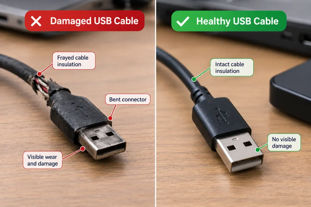 Comparison of a damaged USB cable with frayed insulation and bent connector beside a healthy USB cable.