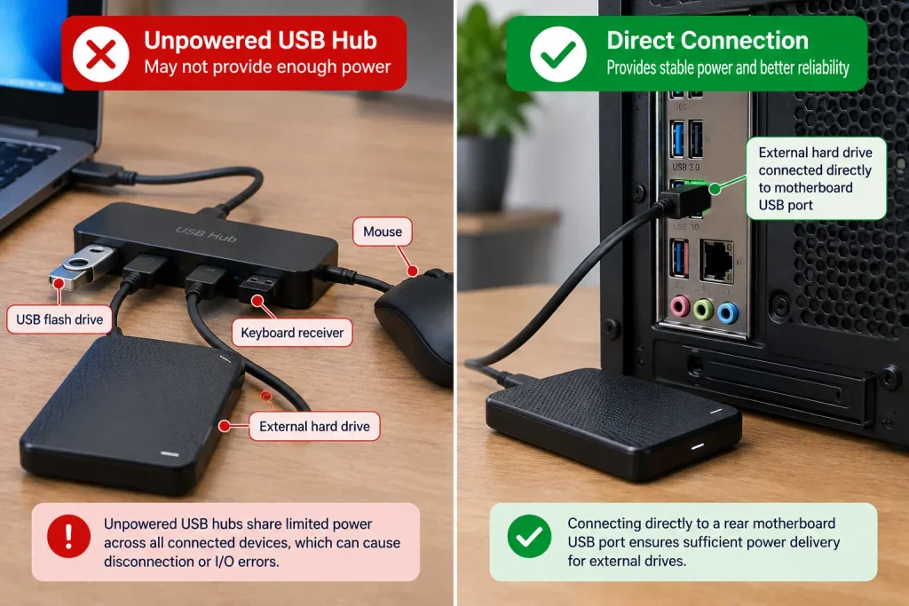 Comparison of an unpowered USB hub with multiple devices connected versus an external hard drive plugged directly into a rear motherboard USB port.