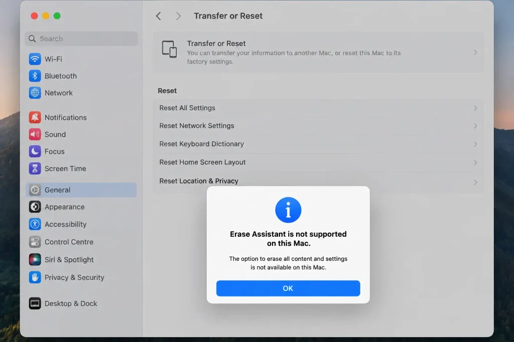 Erase Assistant is not supported on this Mac