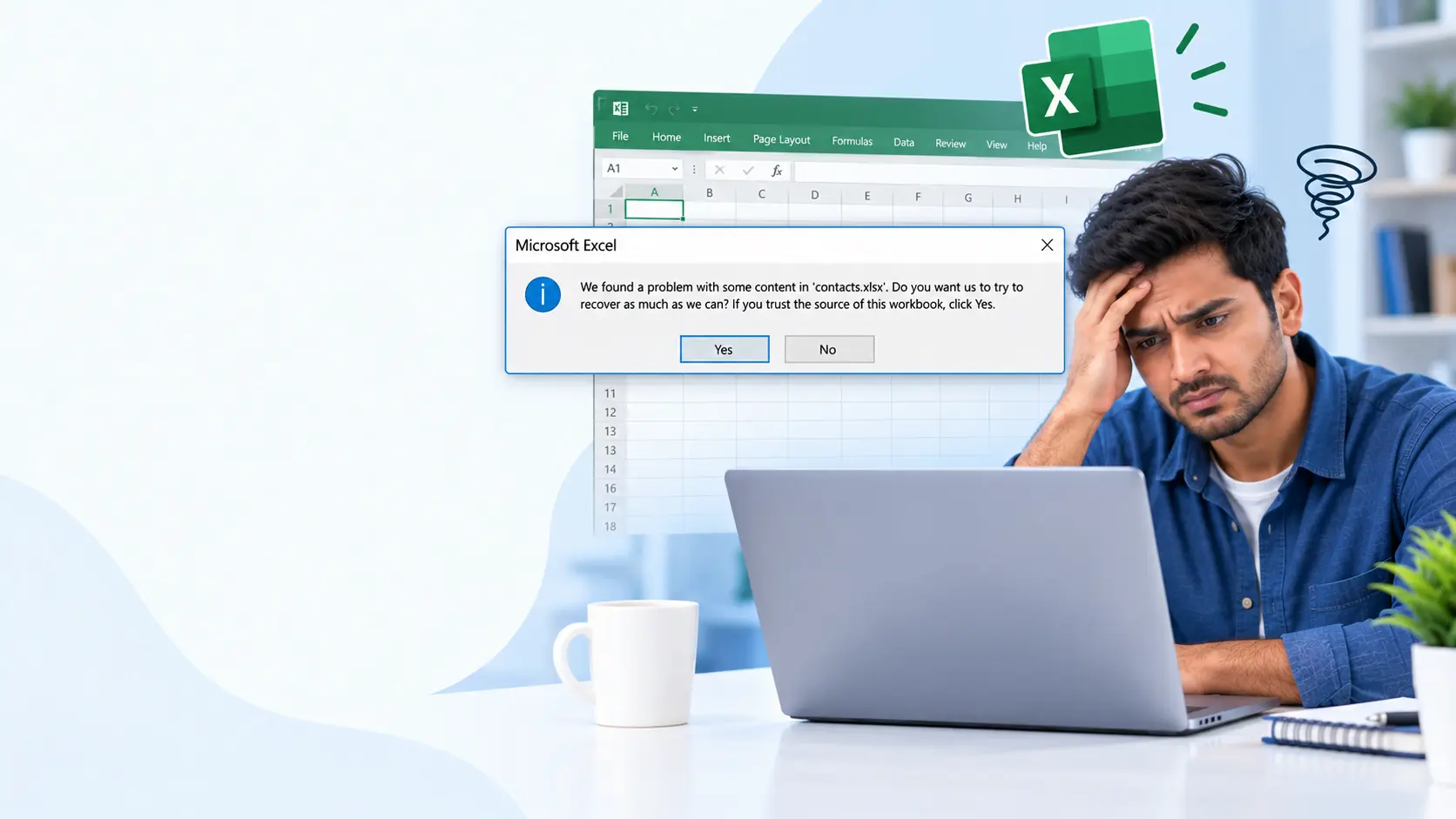 Excel "We found a problem with some content" error message on a laptop screen