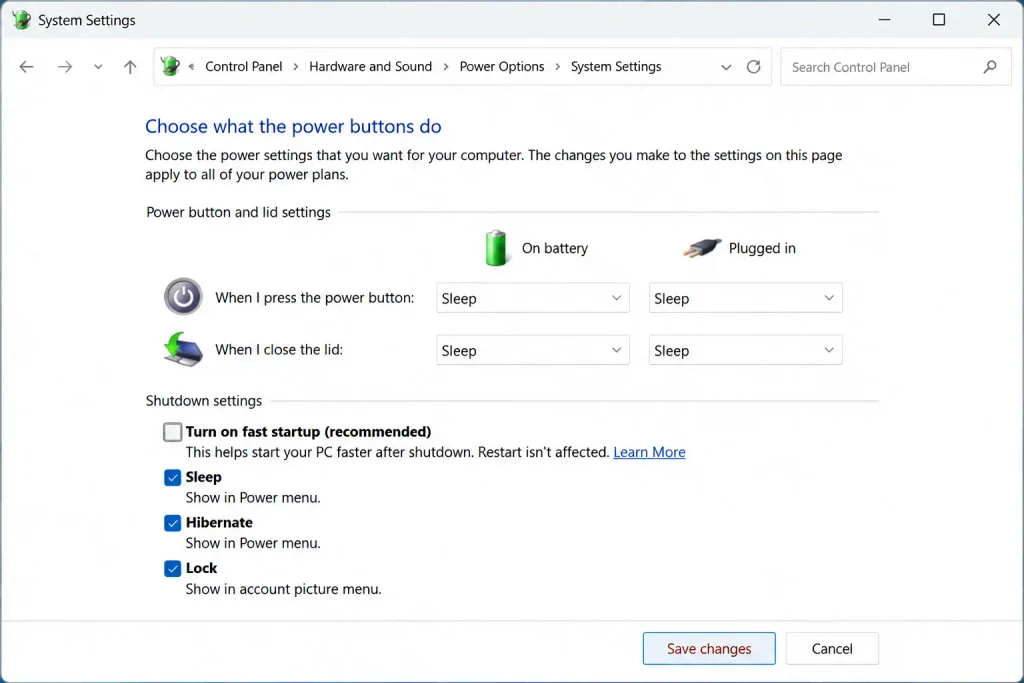 Windows Power Options page showing Turn on fast startup unchecked.