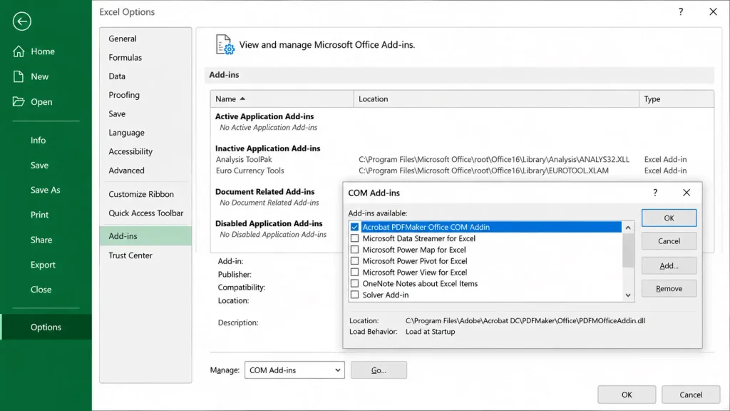 Managing COM add-ins in Excel Safe Mode troubleshooting
