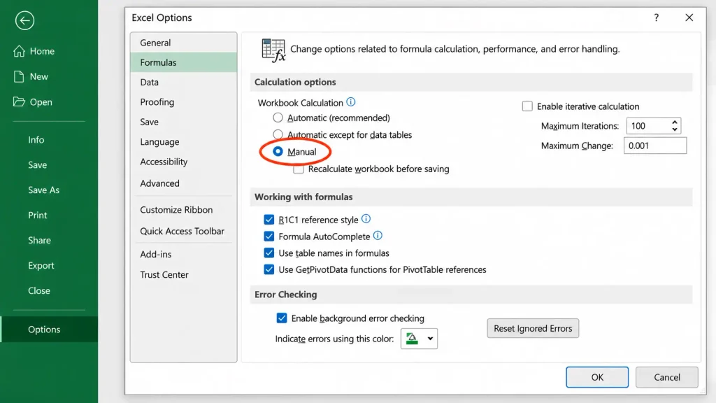 Switching Excel calculation options from Automatic to Manual