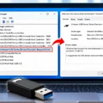 Laptop showing Device Manager with Unknown USB Device and its Properties dialog displaying Code 43 and a failed USB device descriptor request.