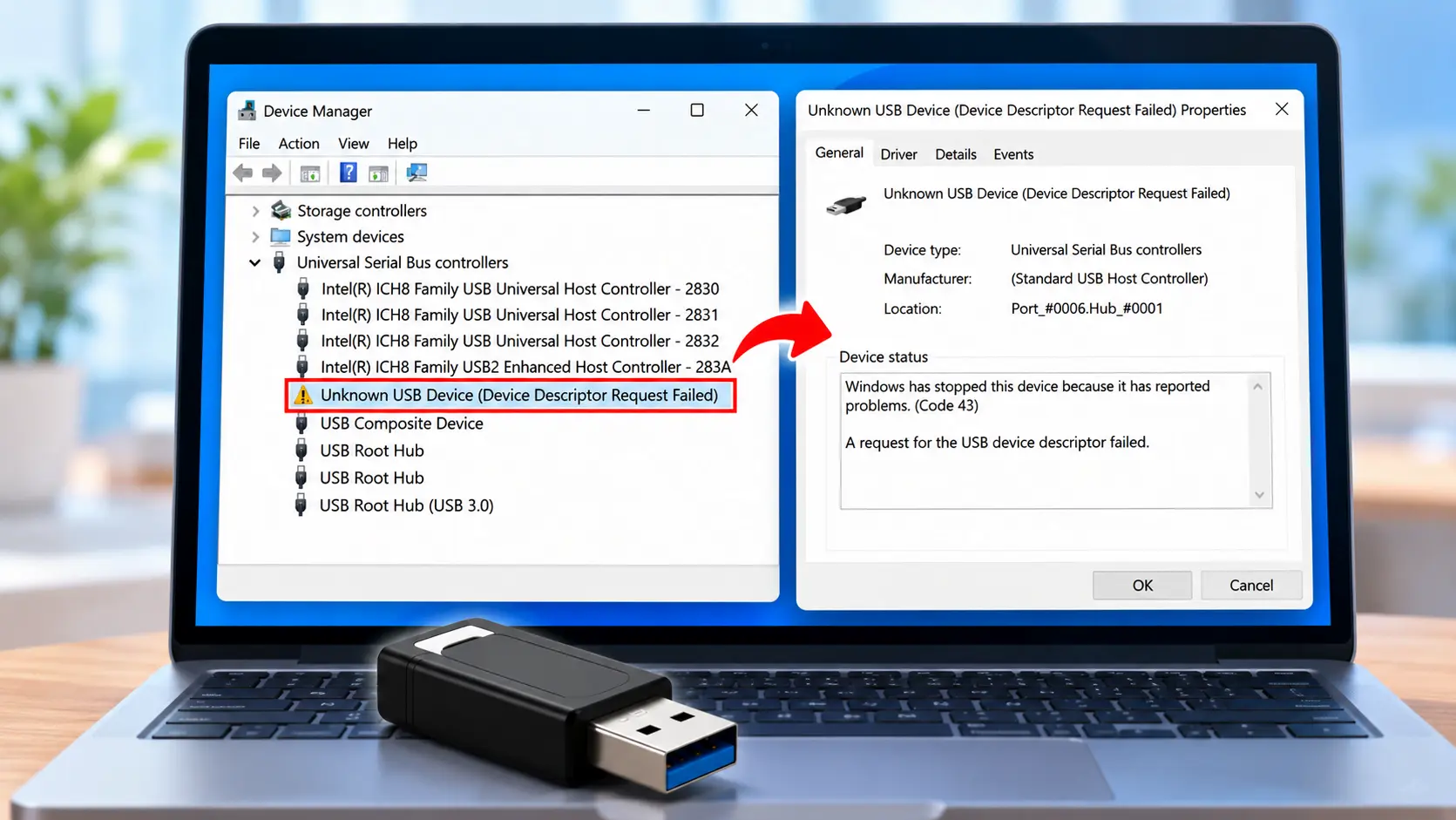 Laptop showing Device Manager with Unknown USB Device and its Properties dialog displaying Code 43 and a failed USB device descriptor request.
