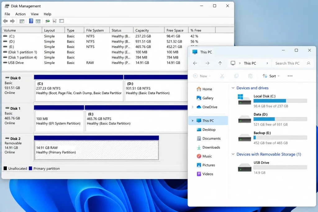 Disk Management showing a detected USB drive with a RAW file system, while File Explorer shows the USB device under removable storage.