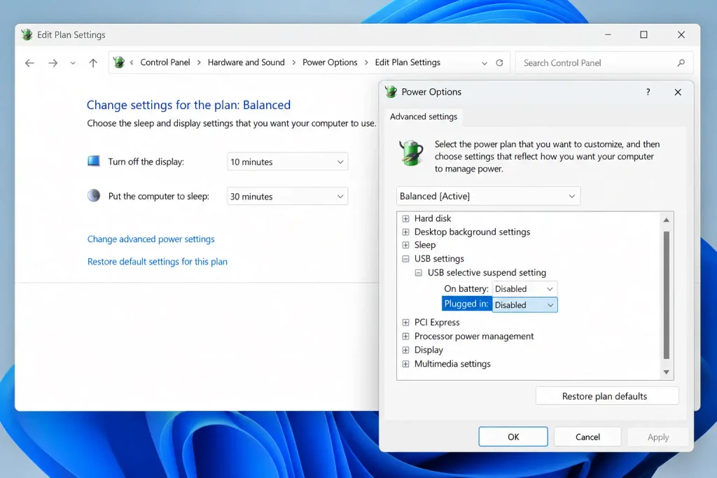 Windows 11 Advanced Power Settings showing USB selective suspend set to Disabled for Plugged in.