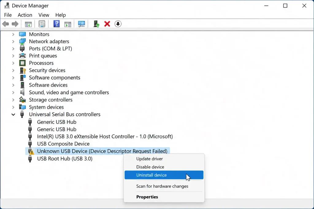 Device Manager context menu showing Uninstall device for an Unknown USB Device.