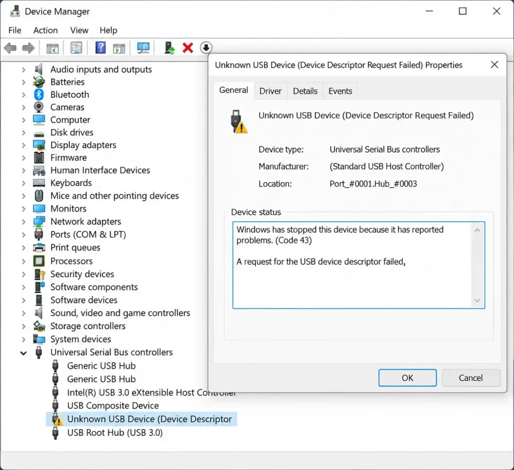 Device Properties showing Code 43 and USB device descriptor request failed error.