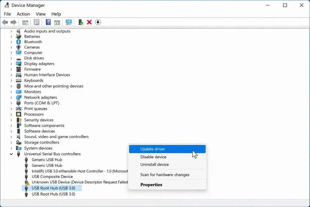 Device Manager context menu with Update driver highlighted for a USB Root Hub.