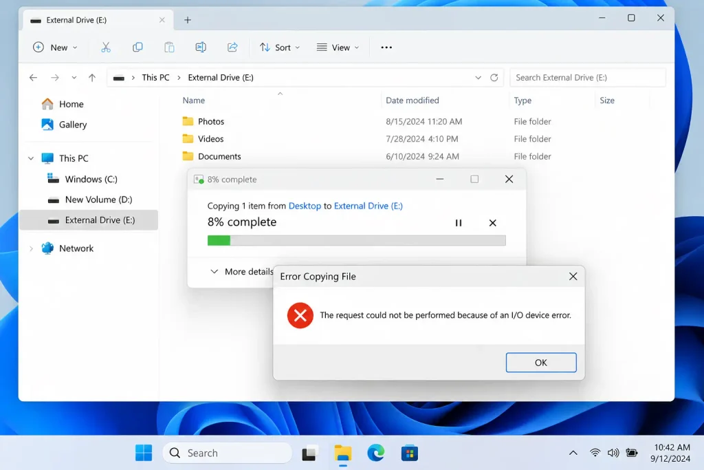 Windows 11 File Explorer showing an external drive during file copying with an “IO device error” pop-up.