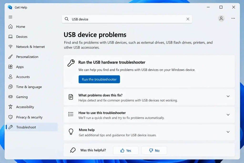 Windows 11 Get Help app showing USB device problems and troubleshooting options.