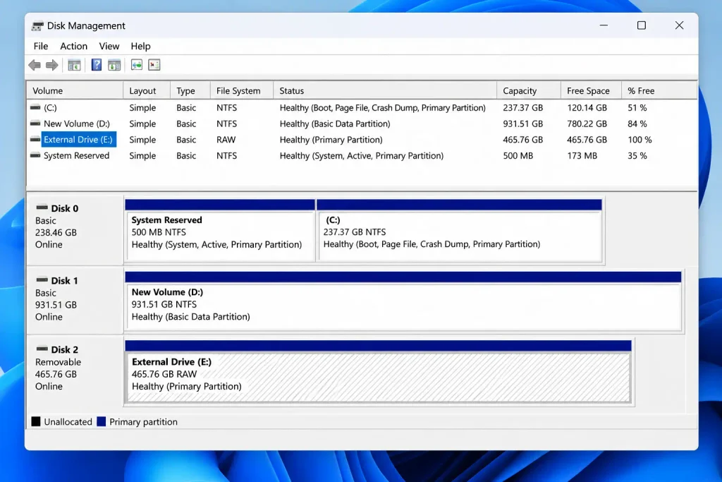 Windows Disk Management showing an external drive with the file system listed as RAW.